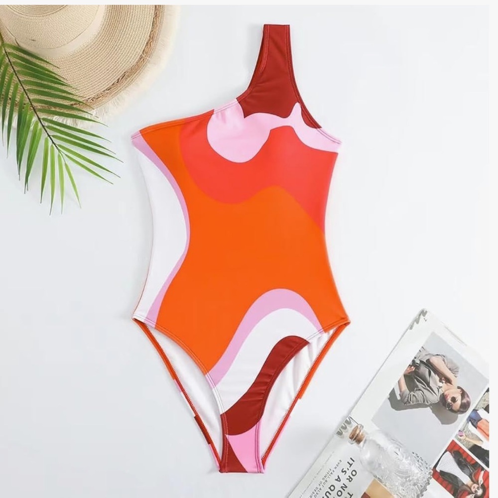 One-Shoulder Colorblock Women's One-Piece Swimsuit - Orange & Pink - Picture 2 of 6